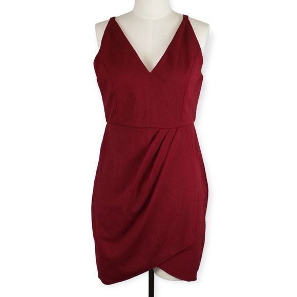 Manydress Crimson Red Asymmetrical V-Neck Full Form-Fitting Bodycon Dress L - Picture 1 of 9